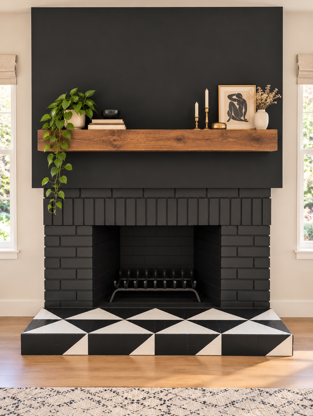 The same fireplace painted black with a graphic tile hearth and a styled mantel