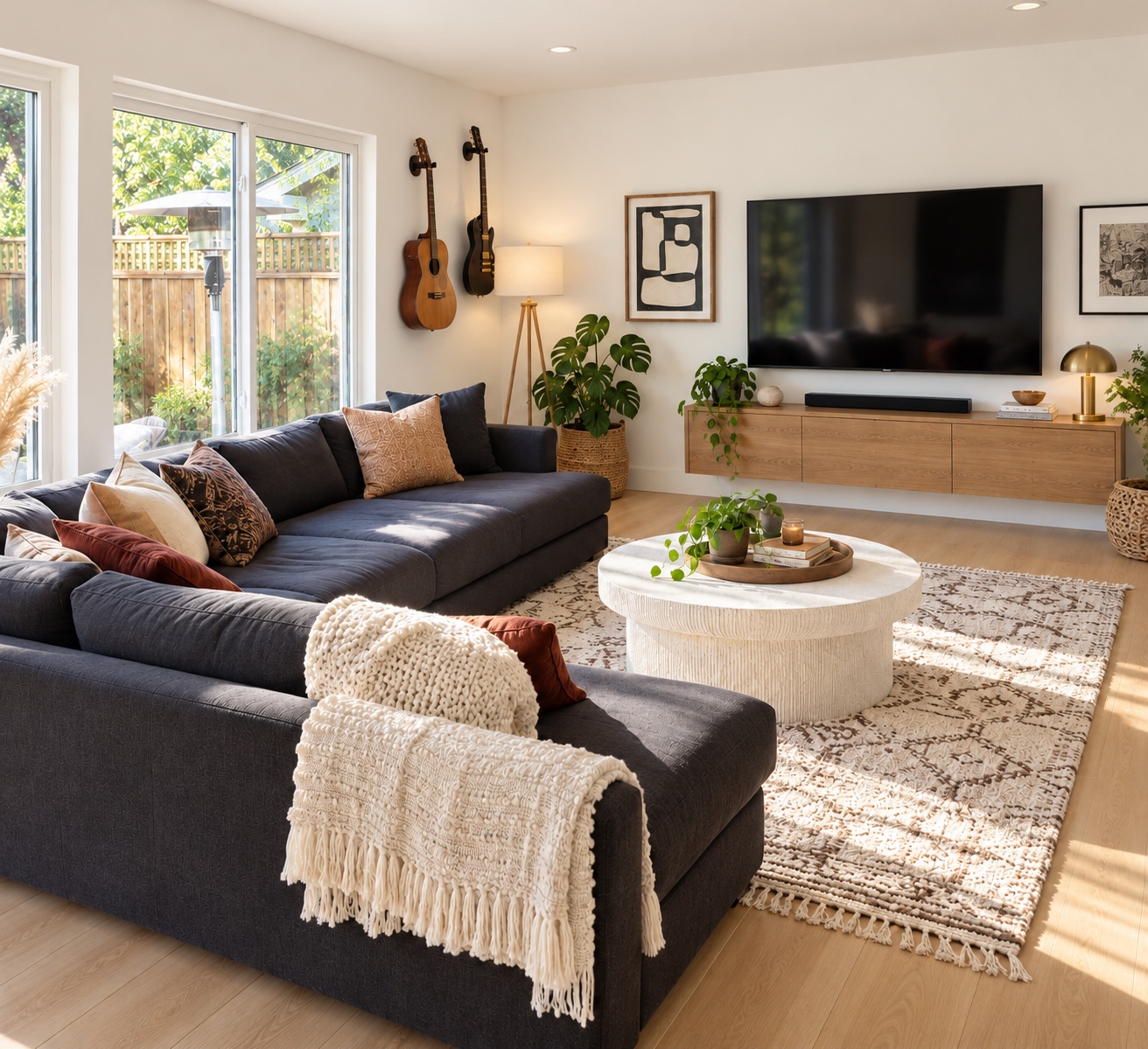 The same living room styled with a navy sectional, layered rug, and a floating media console