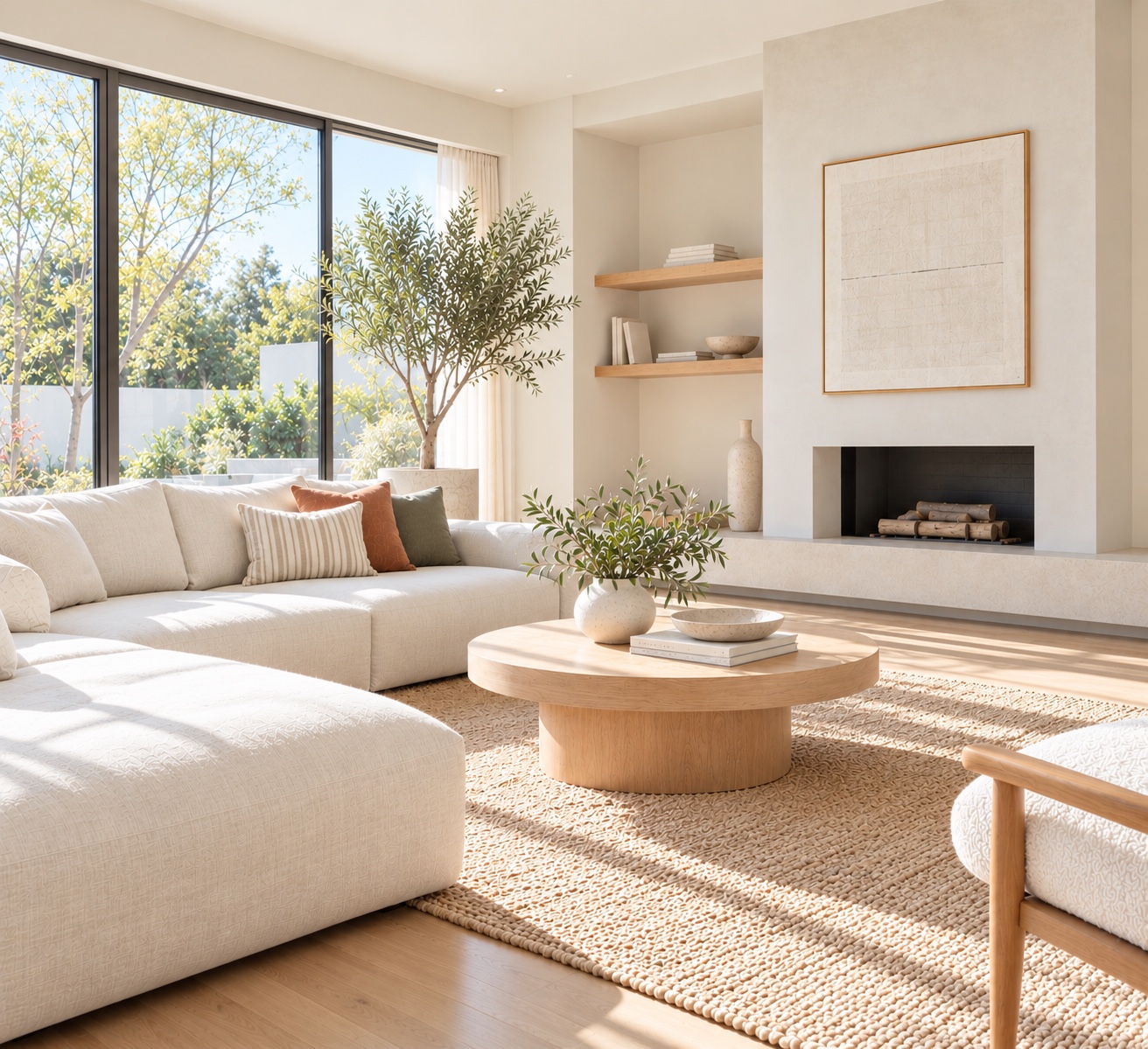 A sunlit living room with a cream sectional, olive tree, and a built-in fireplace