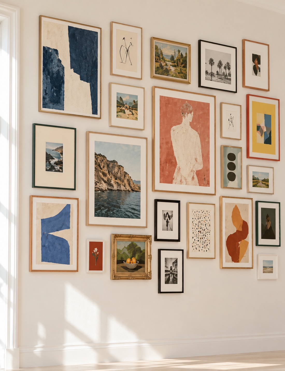 A dense, curated gallery wall of framed art in varied styles and colors