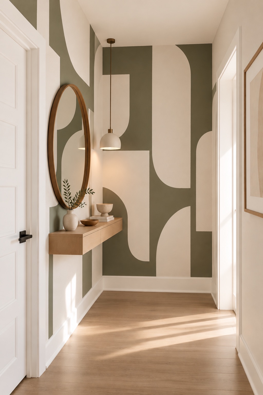 A hallway with a bold olive and ivory graphic wallpaper mural