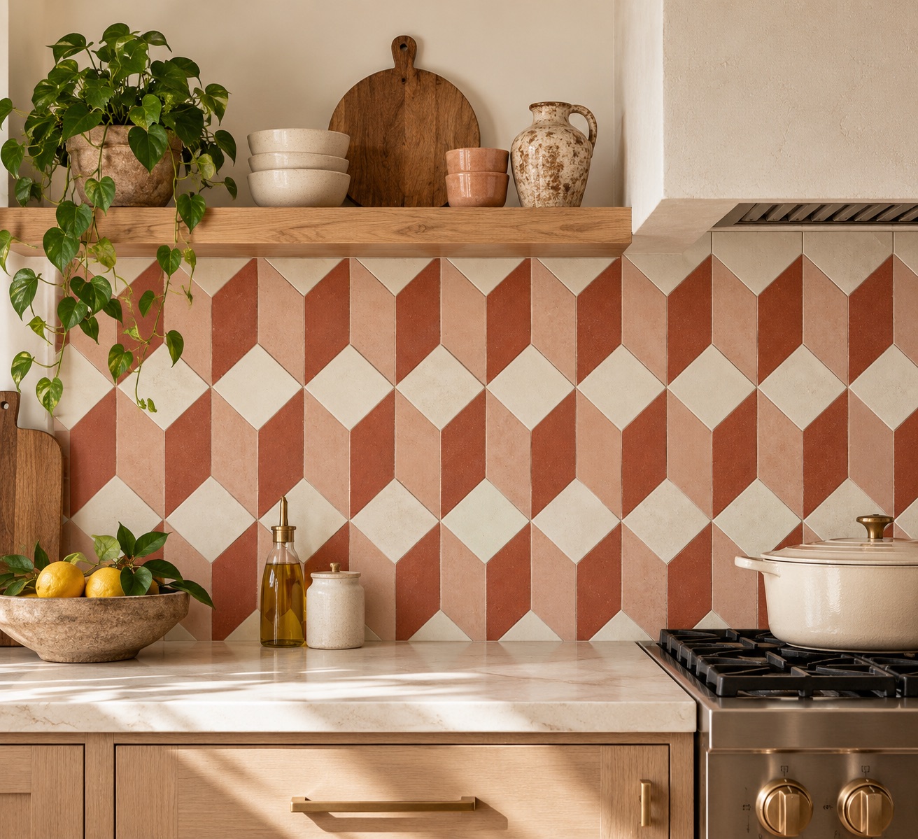 A kitchen with a terracotta and ivory diamond-pattern tile backsplash