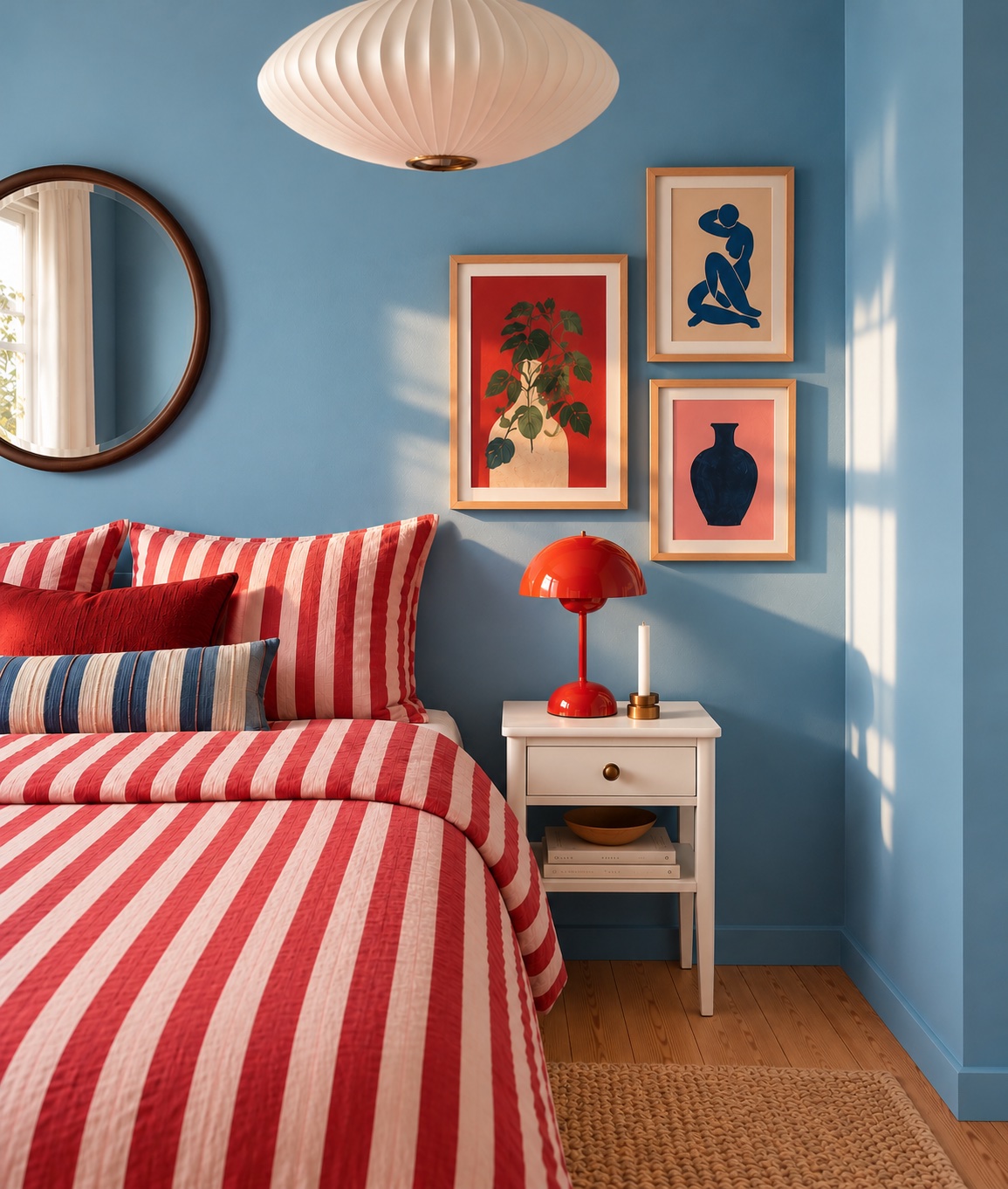 A bold bedroom with red and white striped bedding, a blue wall, and a gallery of colorful art
