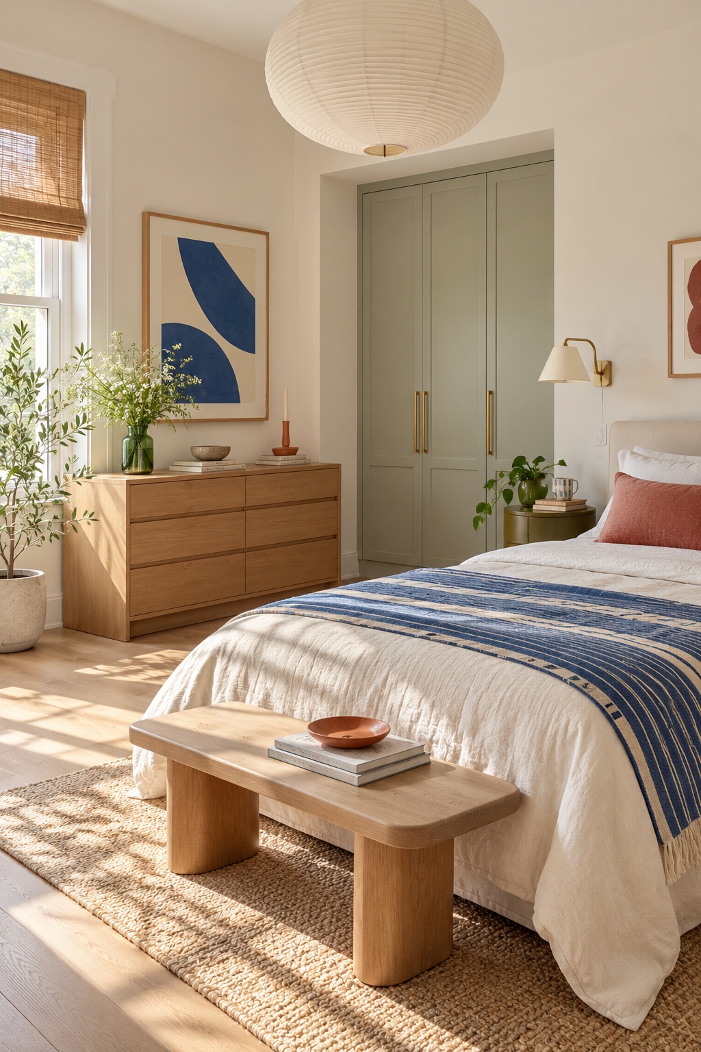 A bedroom with a sage green wardrobe, warm wood dresser, and blue abstract art