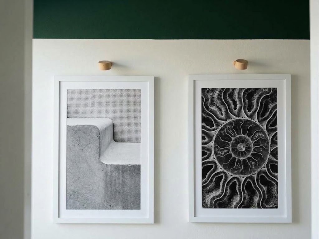 Two framed black and white photographs, a concrete bench and a radial ammonite pattern, hung above a console