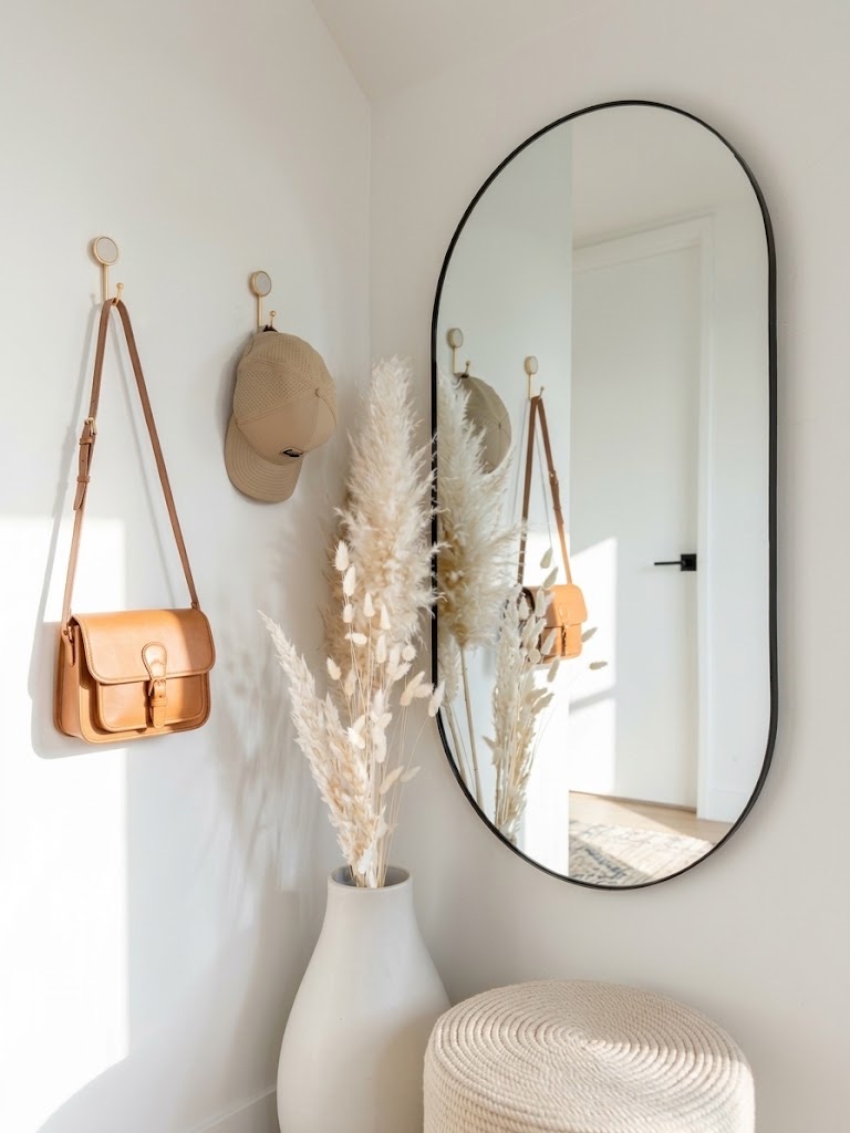 An entryway with an oval mirror, brass hooks holding a bag and cap, and dried pampas grass