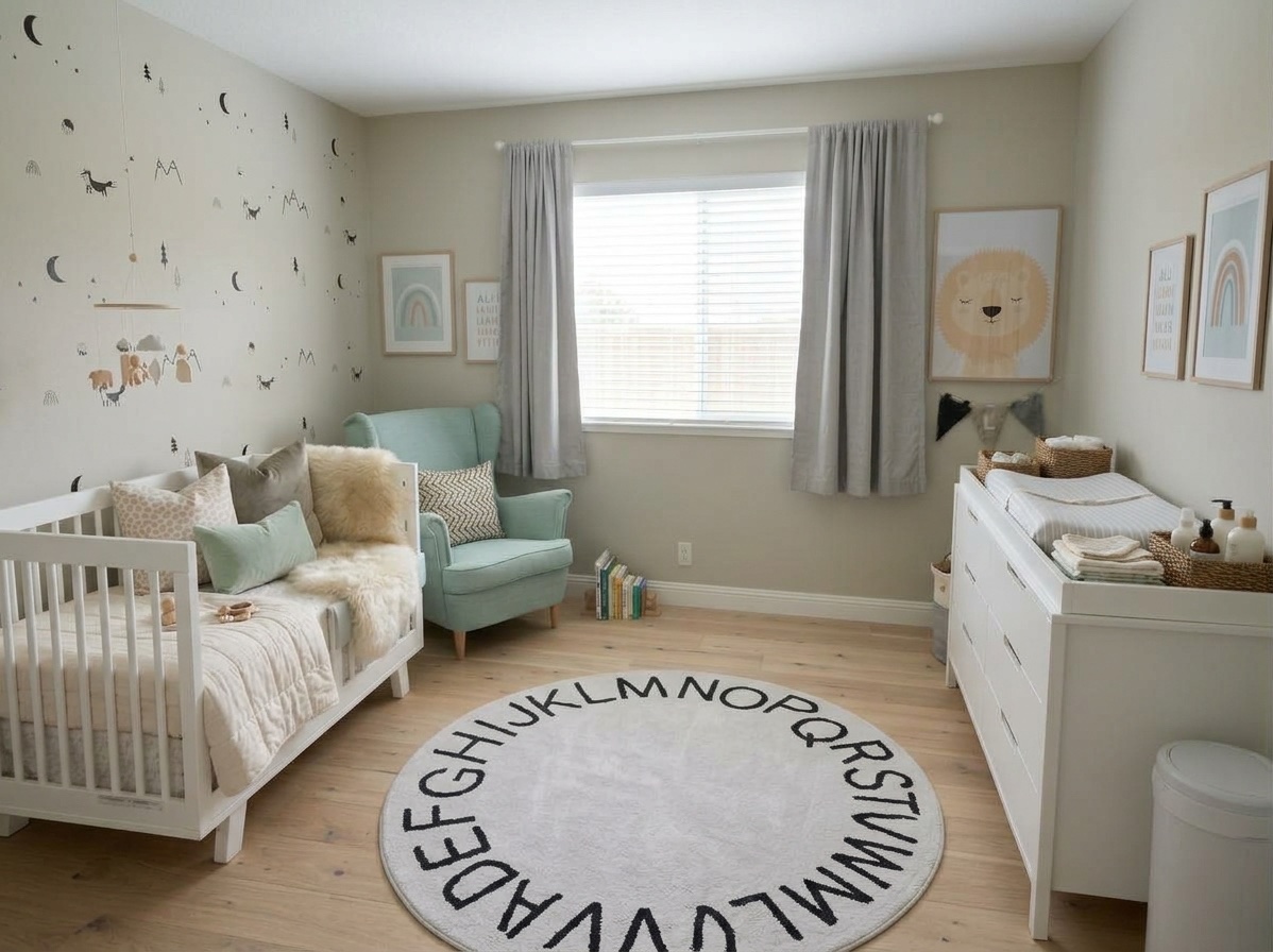 A nursery with a daybed, teal armchair, layered pillows, and a round alphabet rug