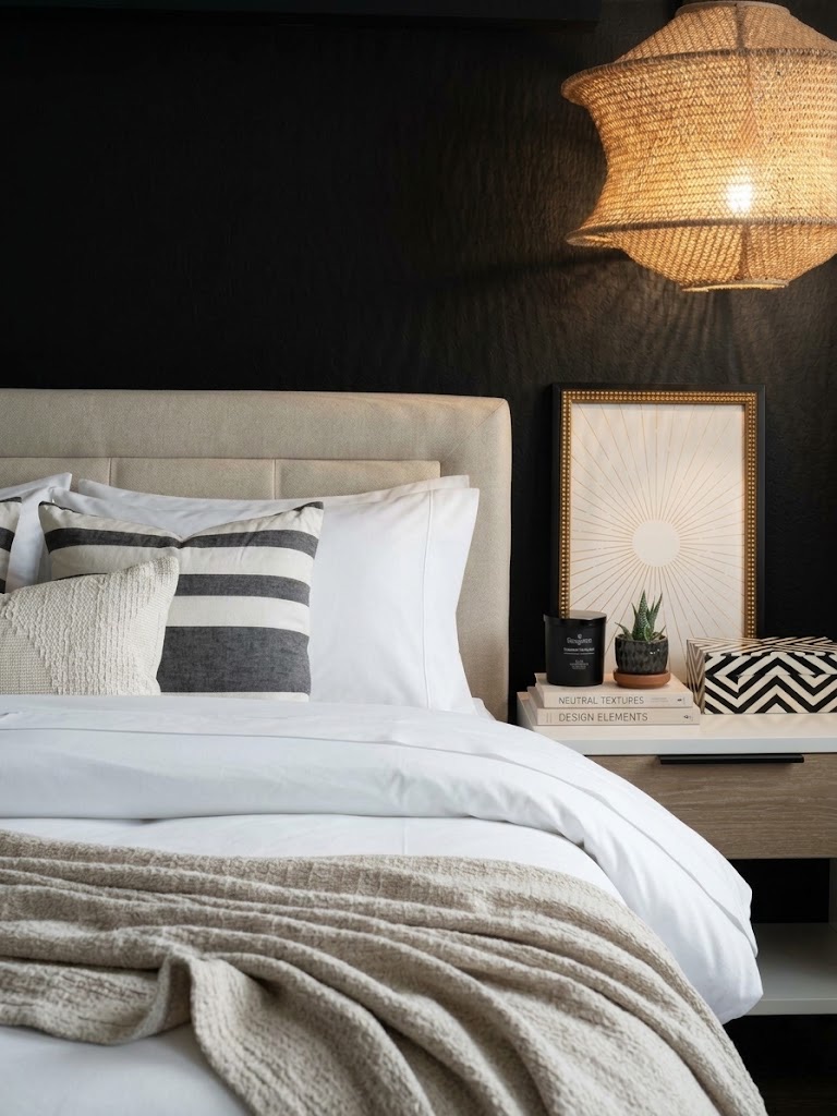 A close-up of the same bedroom's bed styling with a striped pillow and woven pendant light