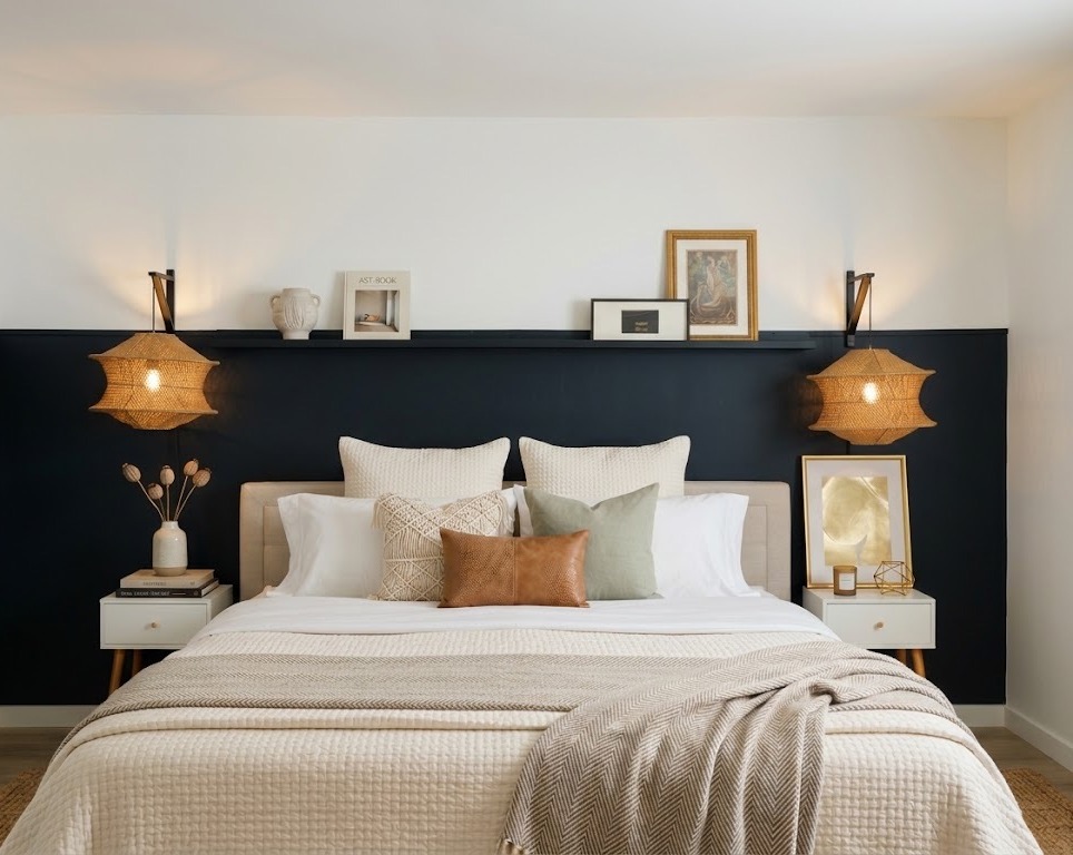 A primary bedroom with a navy half-wall, woven pendant lights, and a floating display shelf