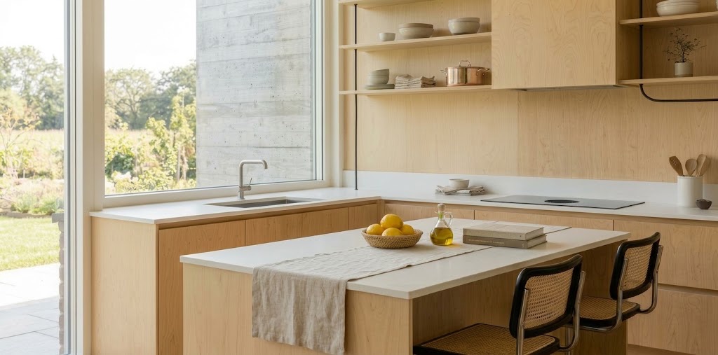 A staged kitchen with light wood cabinetry, an island with cane-back counter stools, and a view to the garden