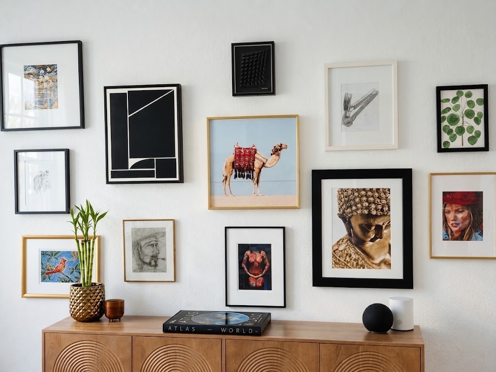 A densely curated gallery wall of framed art above a carved wood sideboard